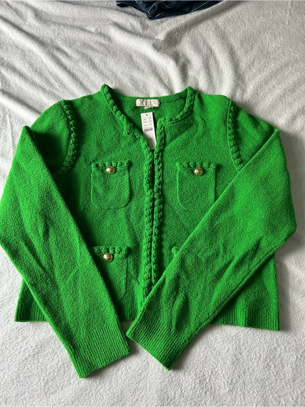 J. Crew Kelly Green Braided Trim Pocket Cardigan